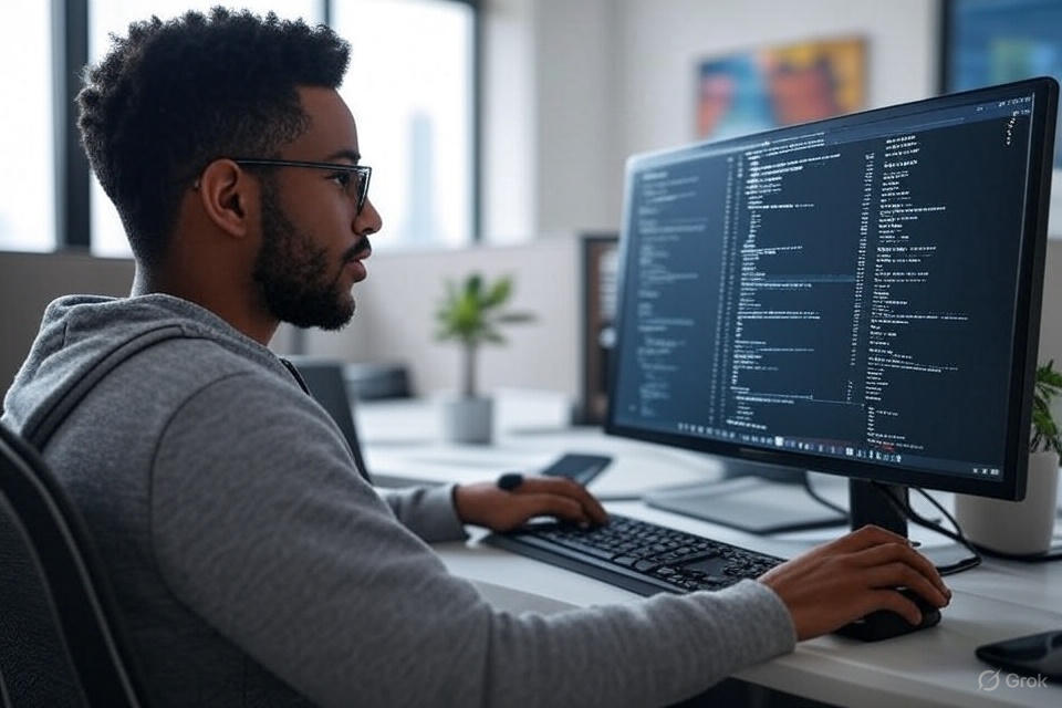 A multiracial software engineer focuses on troubleshooting mobile app development issues using the command line in a modern tech business office